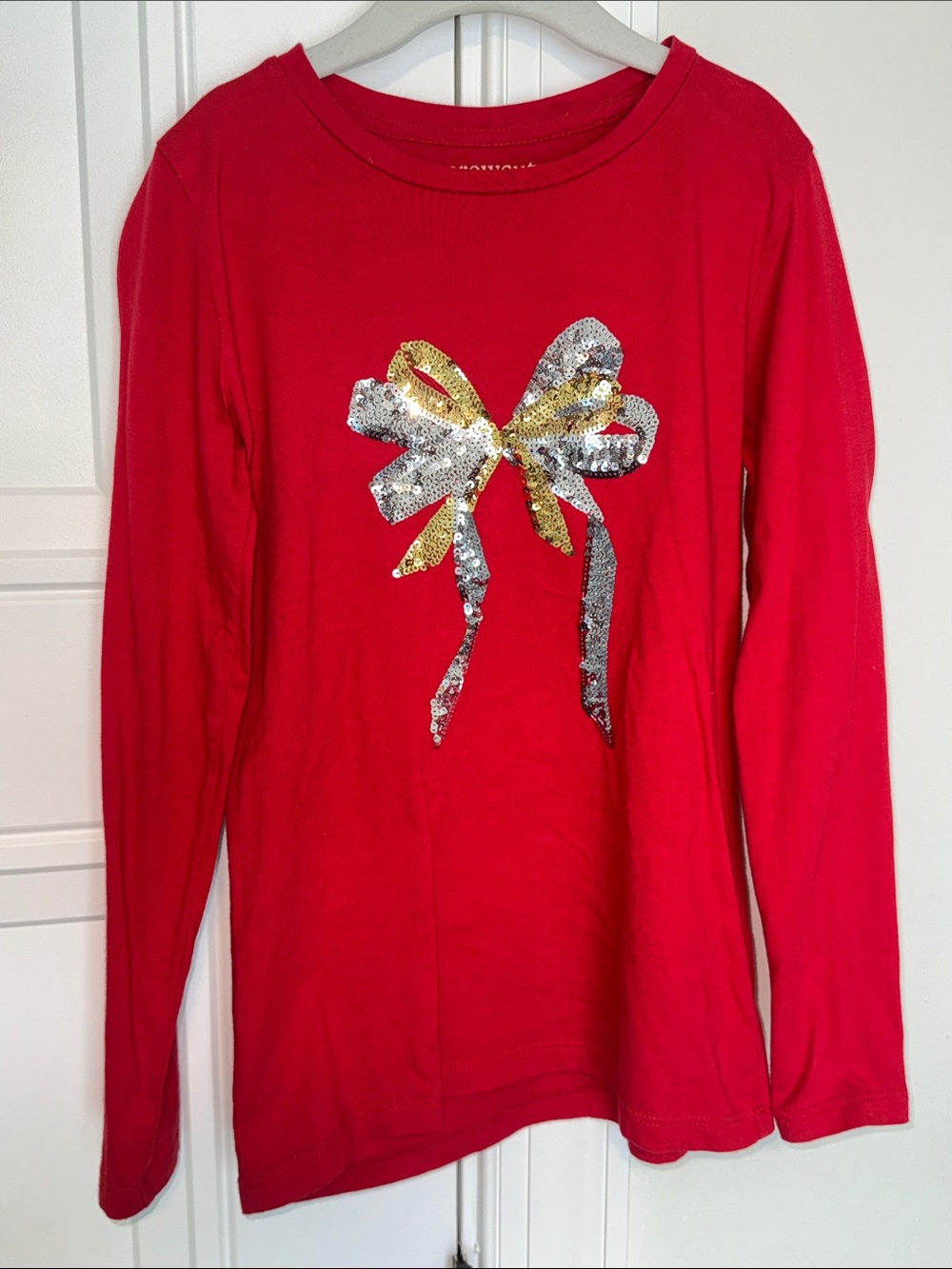 Crewcuts Red Long-Sleeve Tee with Gold & Silver Sequin Bow M 8-9